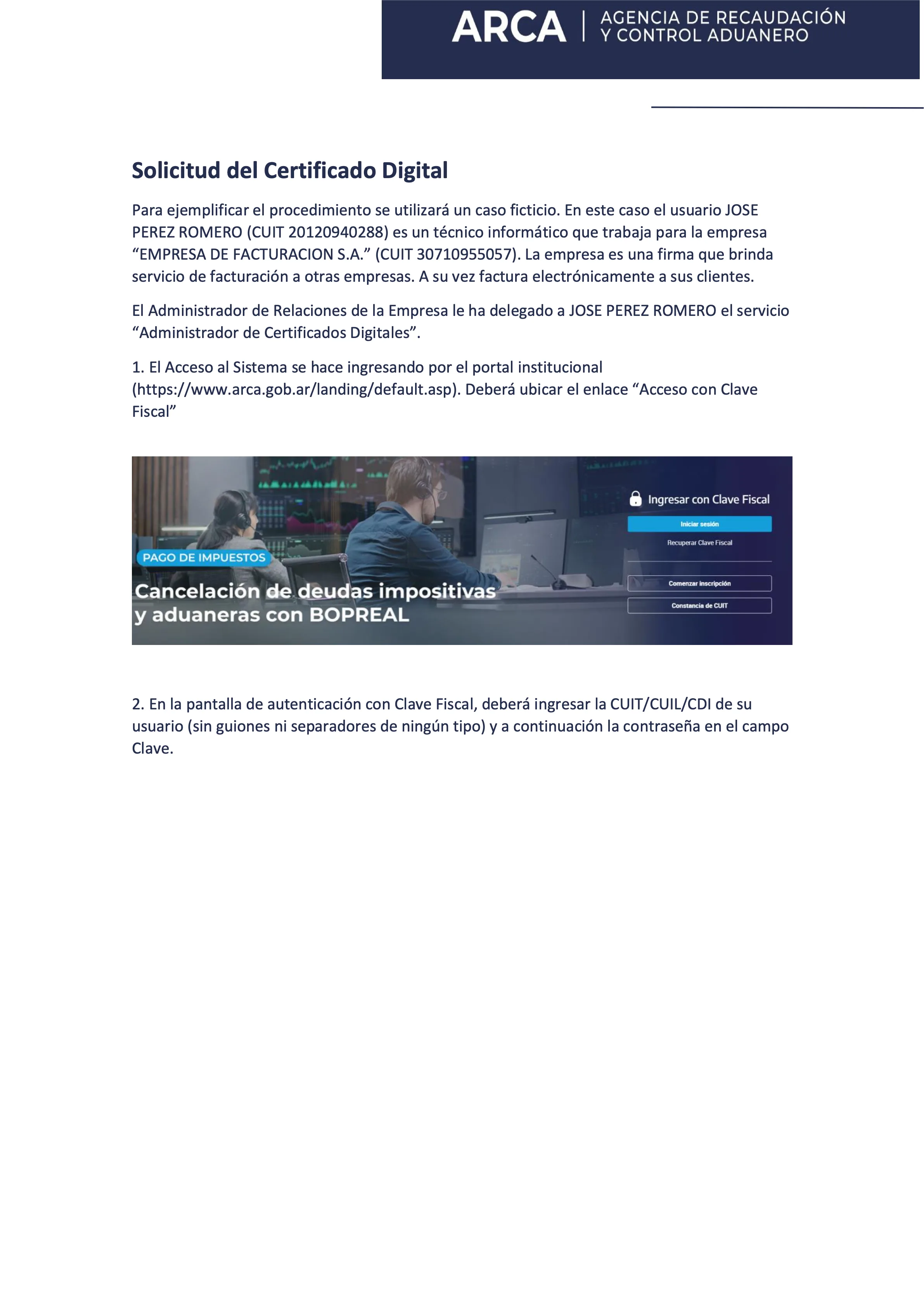Acceso con clave fiscal en ARCA