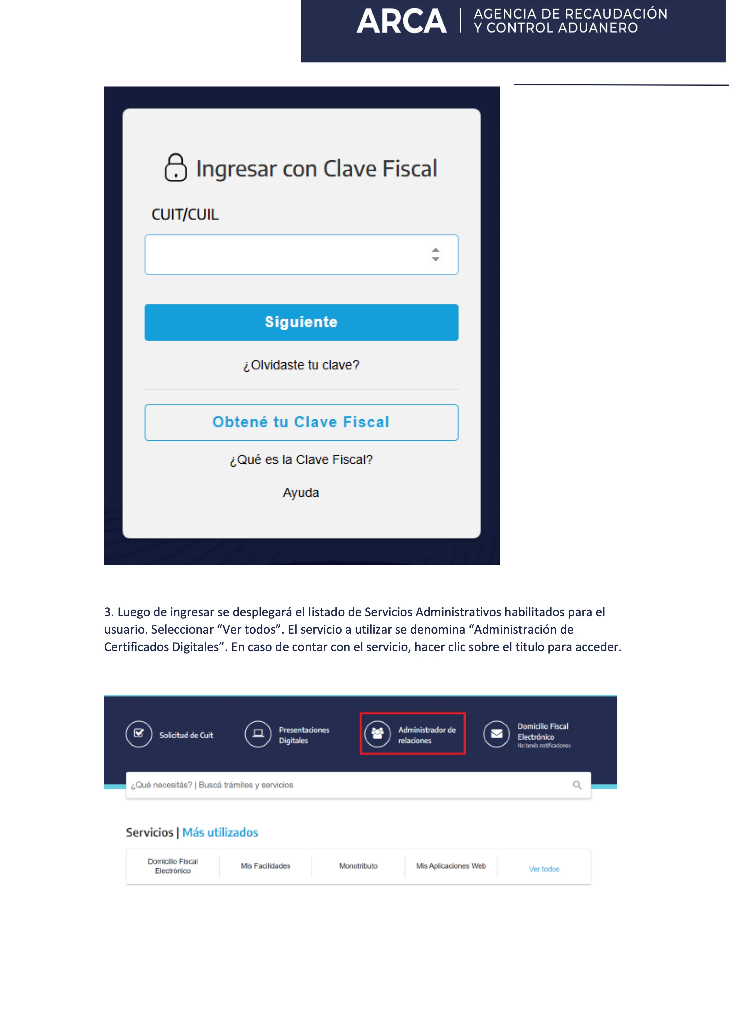 Listado de servicios administrativos y acceso a Administración de Certificados Digitales