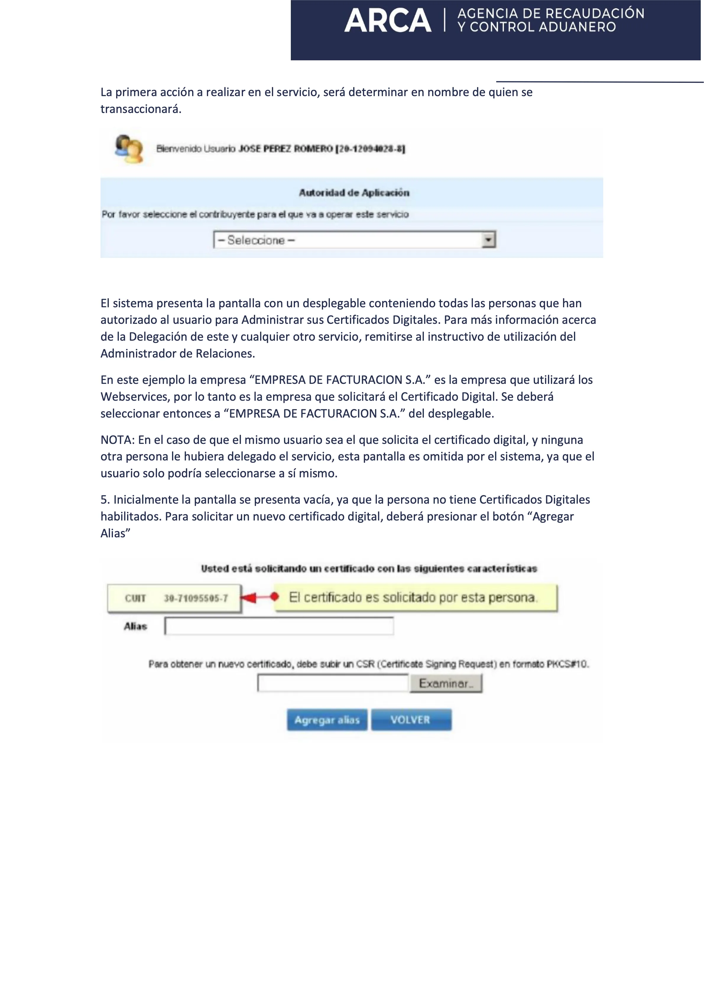 Selección del contribuyente y formulario para agregar alias con CSR