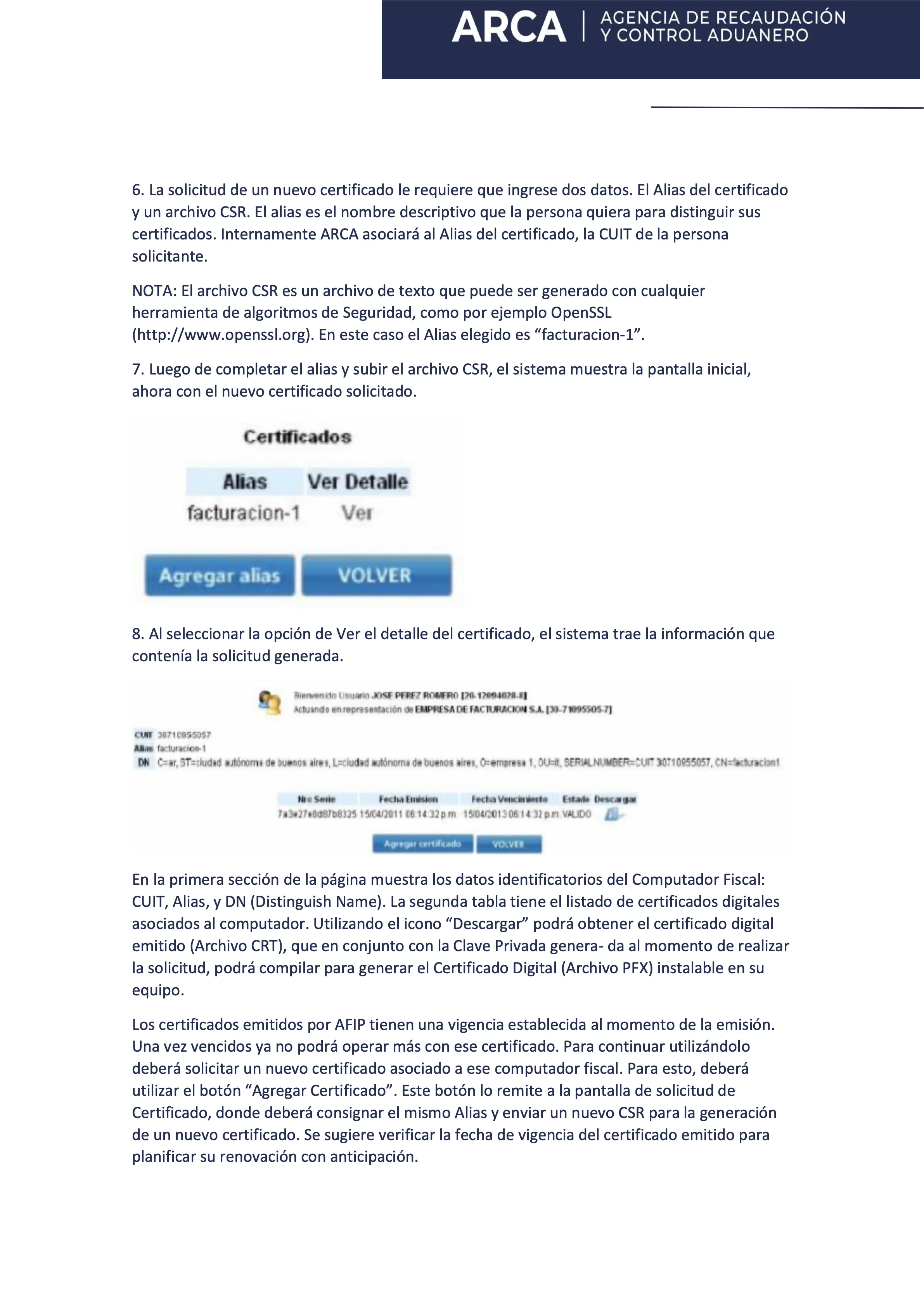 Detalle del alias y descarga del certificado digital emitido
