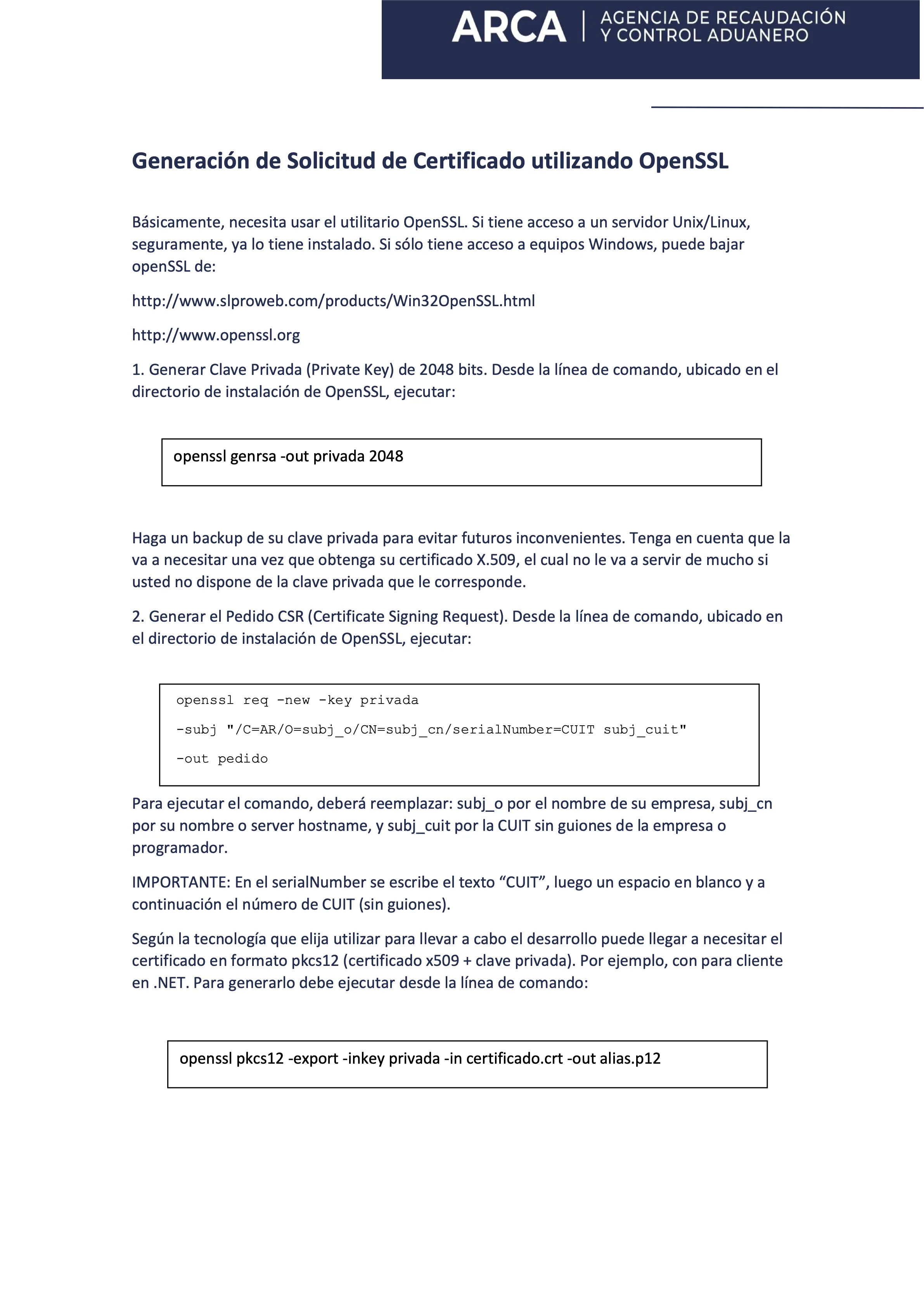 Comandos OpenSSL oficiales para generar clave privada y CSR