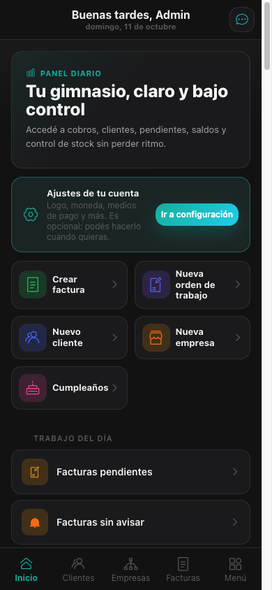 Dashboard do EzGYM com acoes rapidas e trabalho do dia