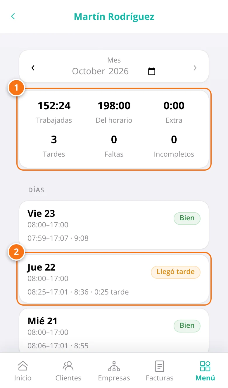 La ficha de un empleado en el mes