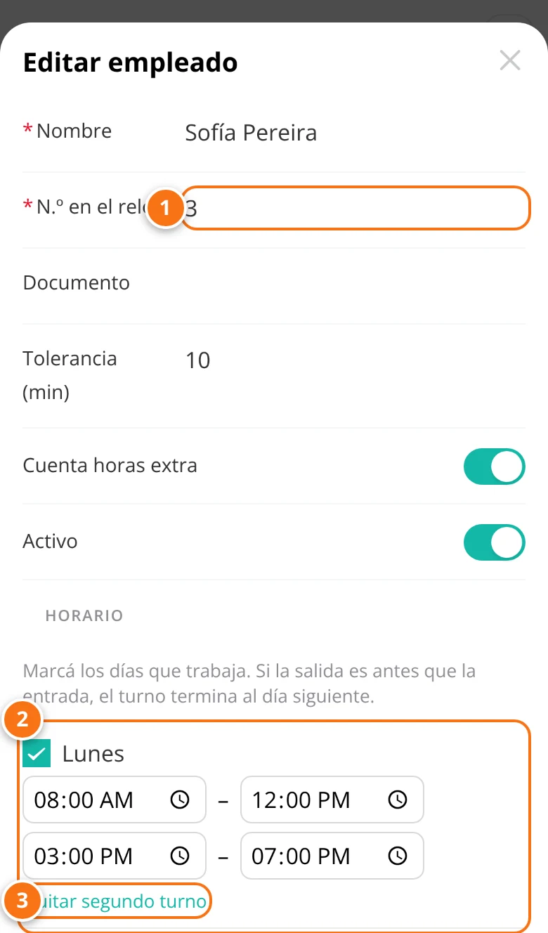 Horario de un empleado con turno partido