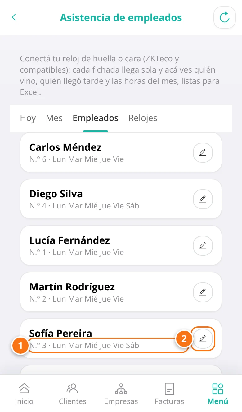 Empleados con su número en el reloj