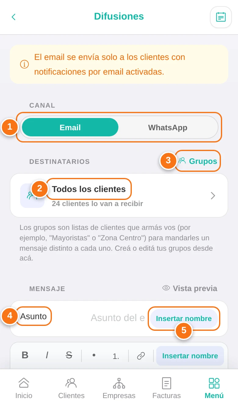 Difusión por email a clientes