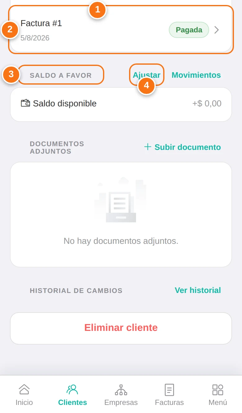 Facturas y saldo del cliente en su ficha