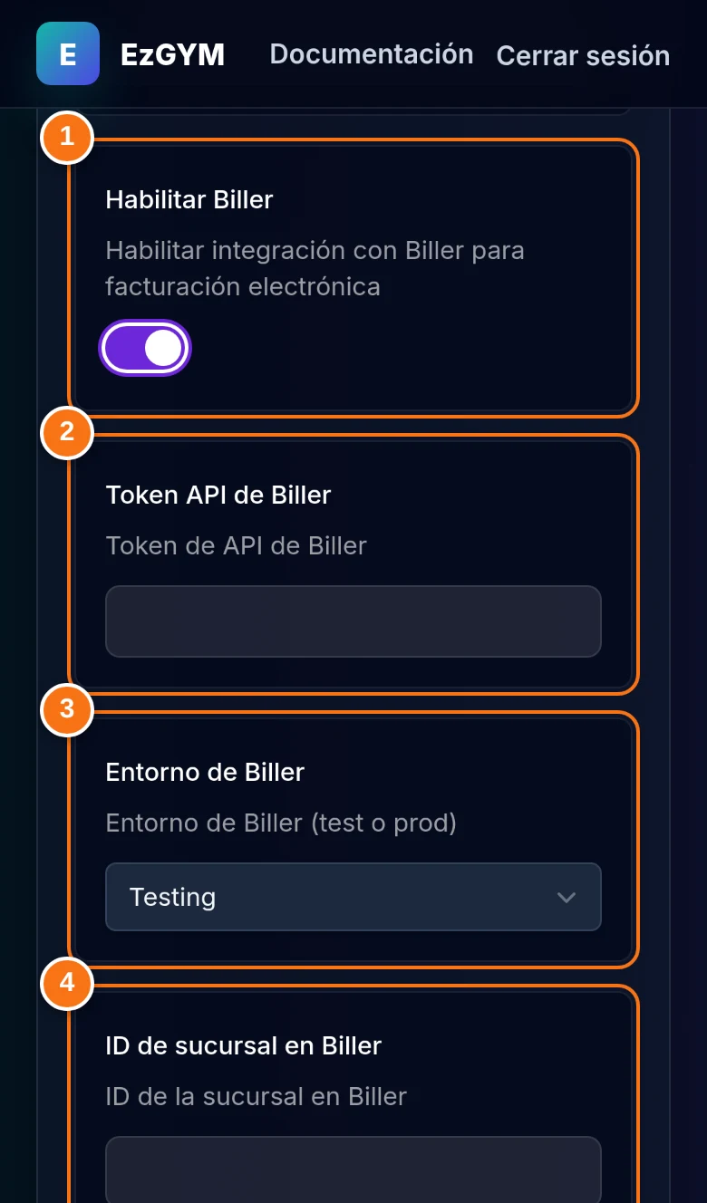 Configuración de Biller en EzGYM