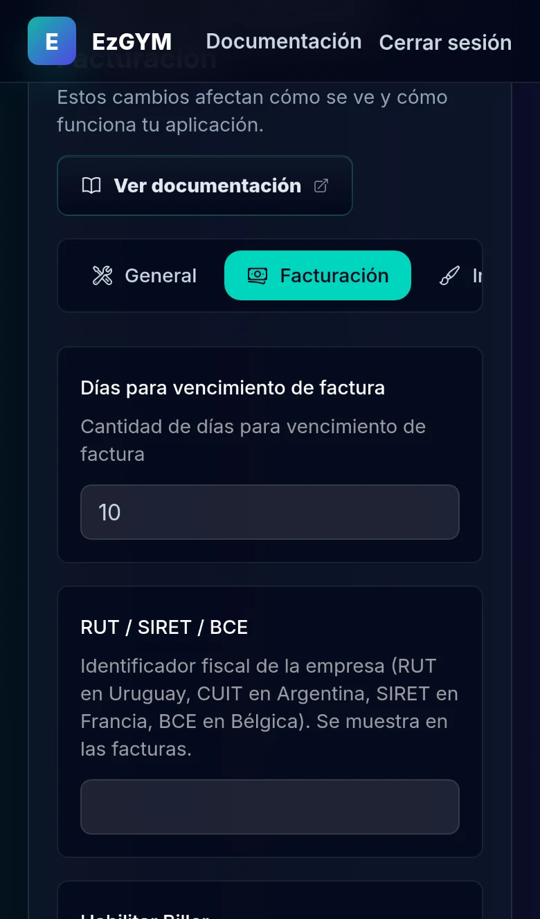 Pestaña Facturación de la configuración