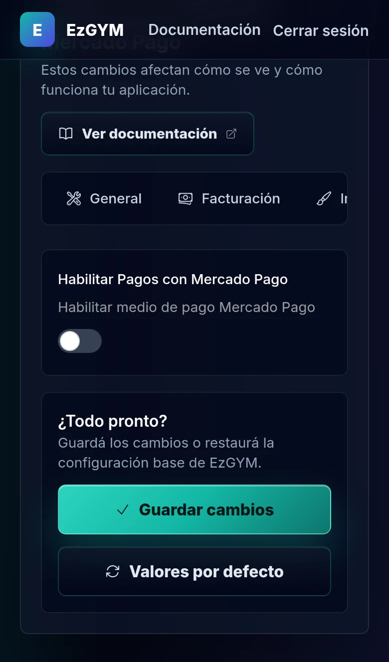 Pestaña Mercado Pago de la configuración