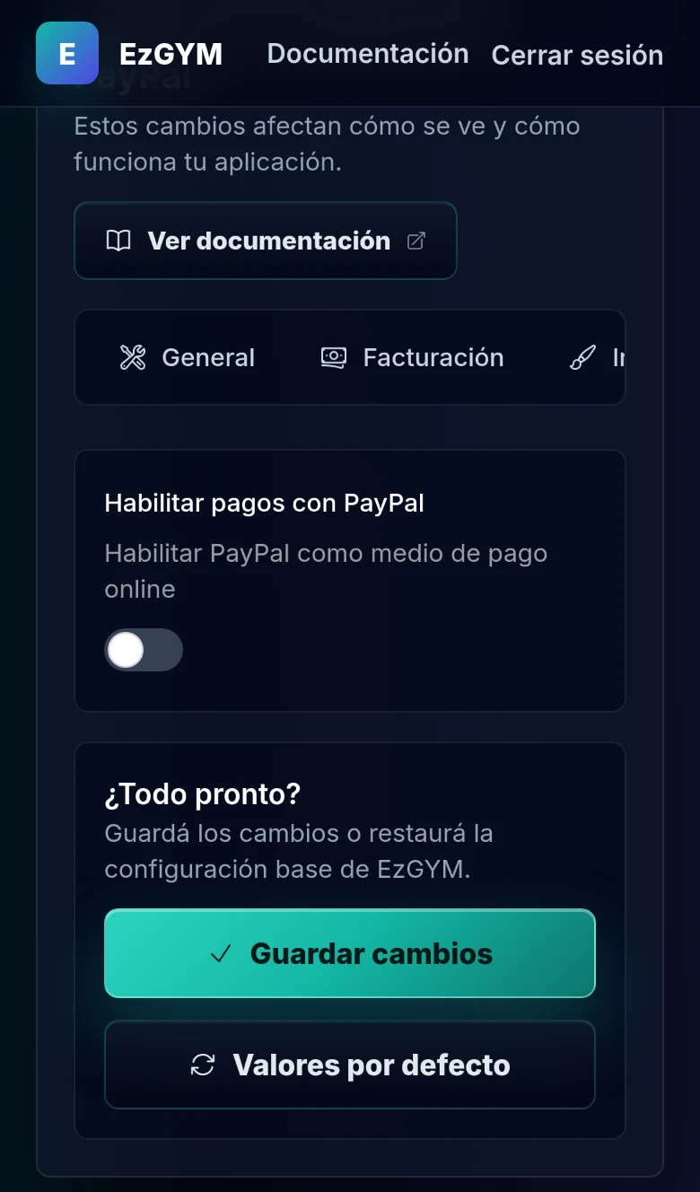Pestaña PayPal de la configuración