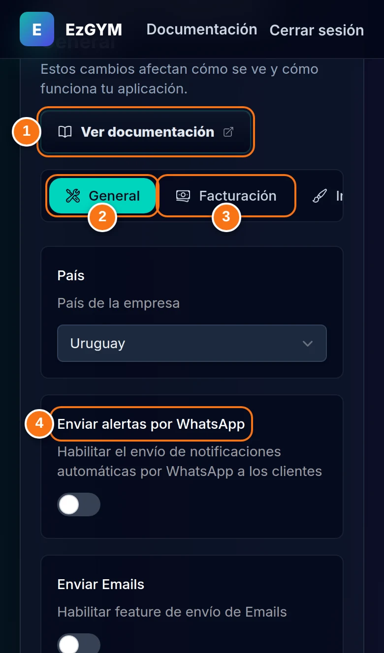 Pestañas de la configuración