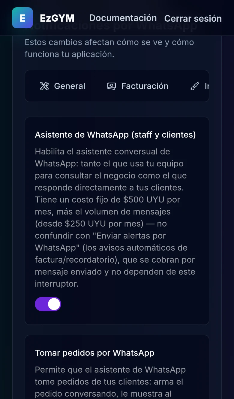 Pestaña Notificaciones por WhatsApp de la configuración