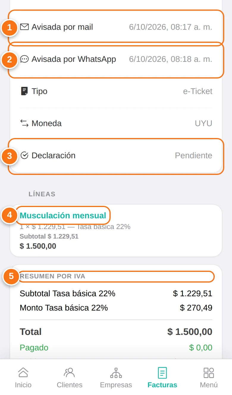Avisos, líneas e IVA de una factura
