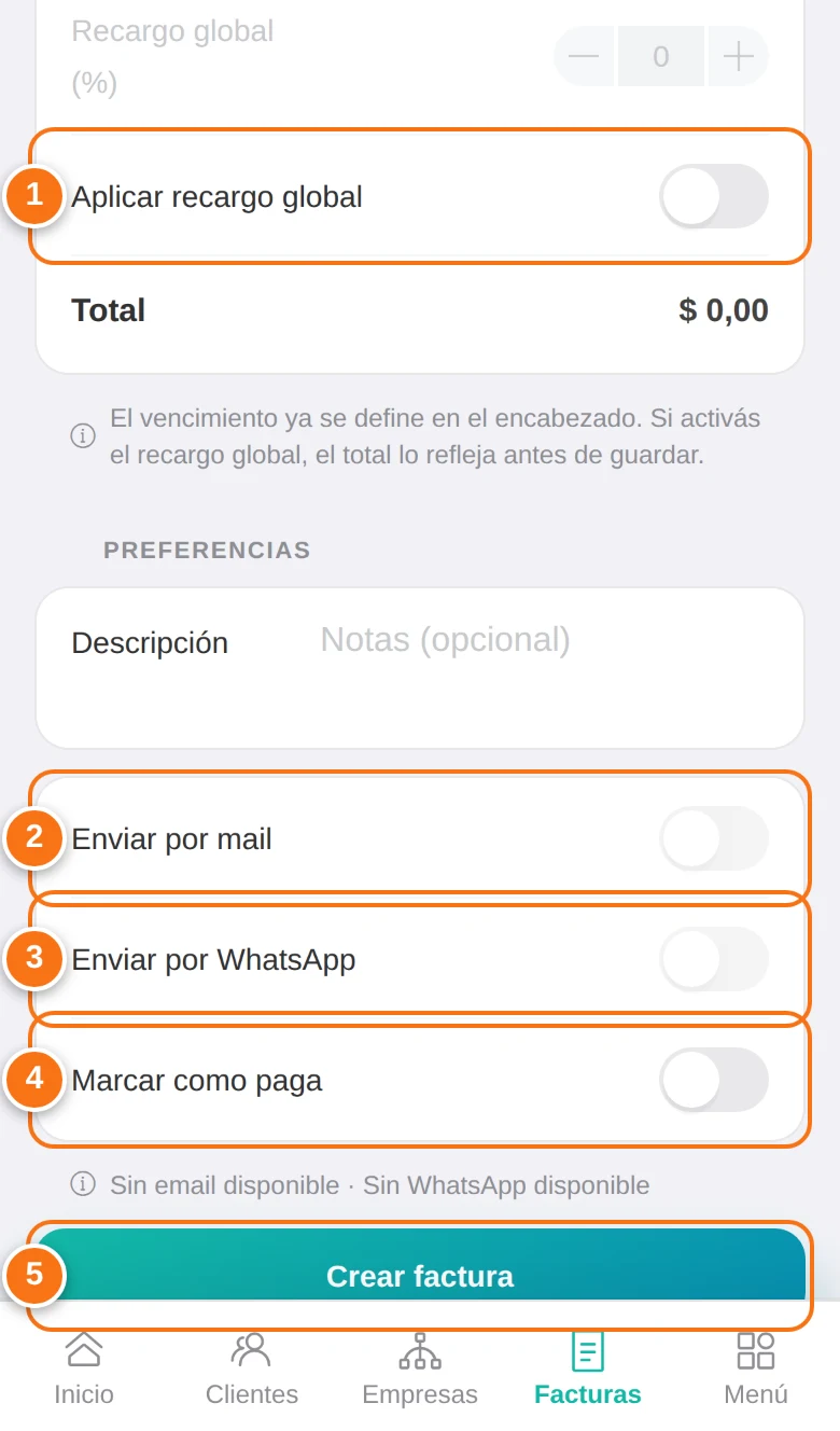 Nueva factura: recargo, avisos y guardado