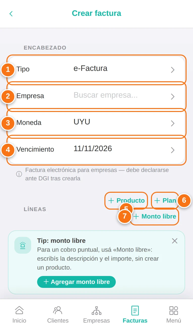Nueva factura: encabezado y líneas
