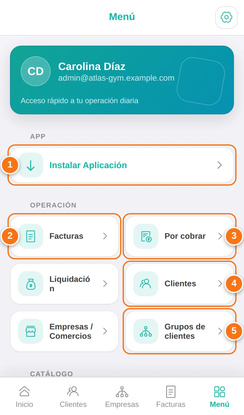 Menú de la aplicación