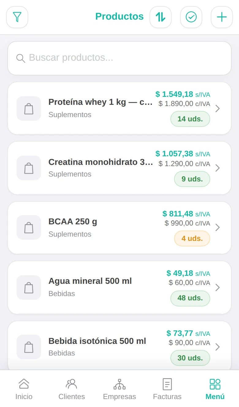 Lista de productos con precio sin y con IVA y stock