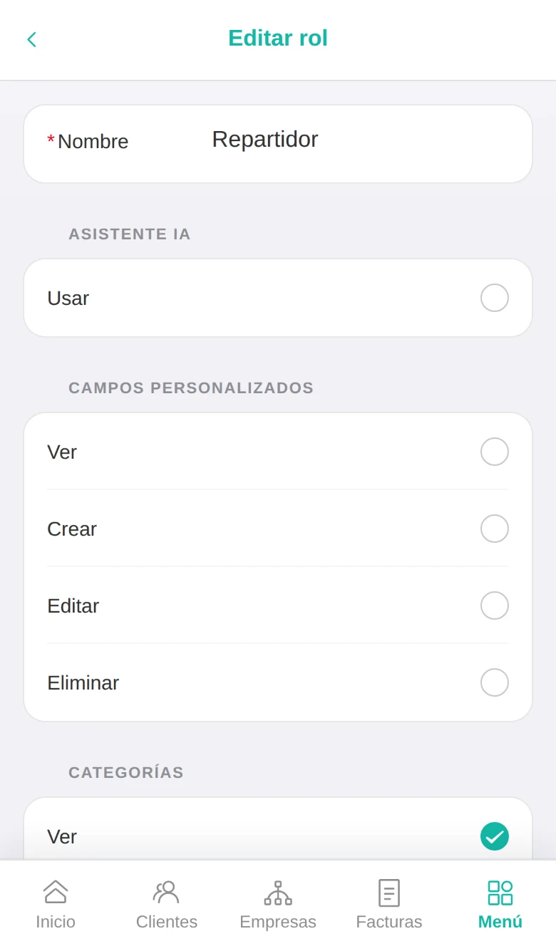 Edición de un rol y sus permisos
