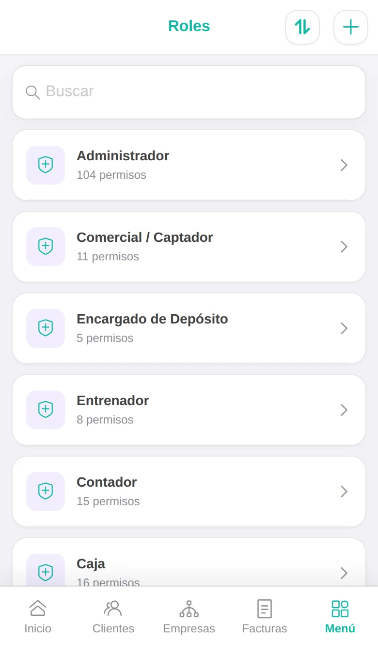 Lista de roles con la cantidad de permisos