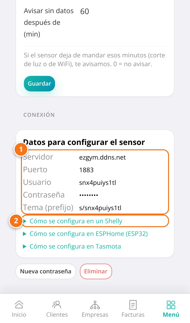 Los datos para configurar el sensor