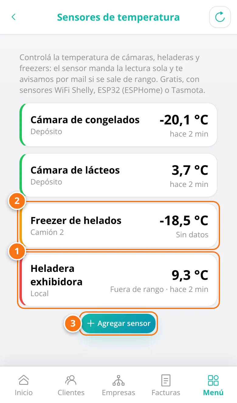 Los sensores con su temperatura actual