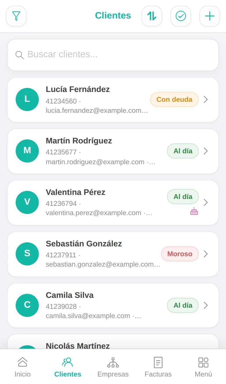 Lista de alunos com o estado: em dia, com dívida ou inadimplente, e aviso de aniversário