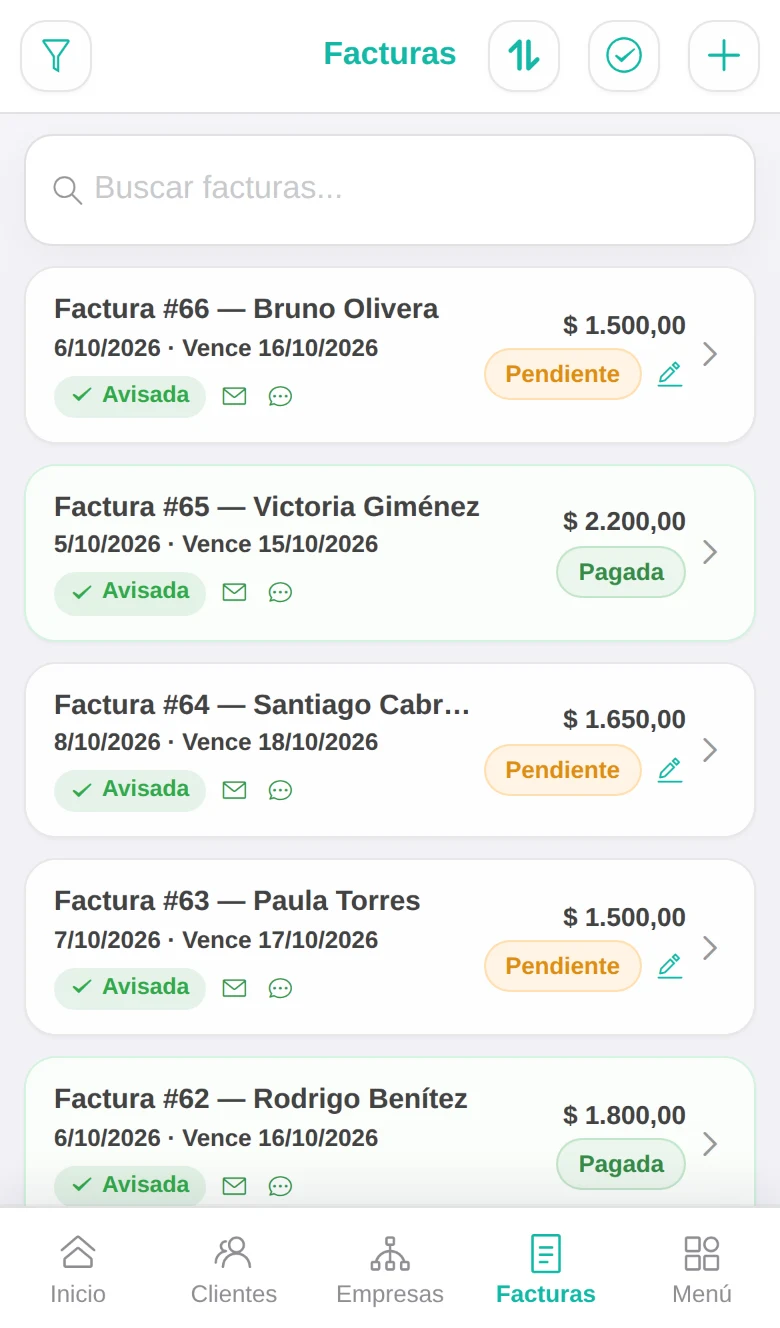 Lista de faturas pagas ou pendentes, avisadas por WhatsApp ou e-mail