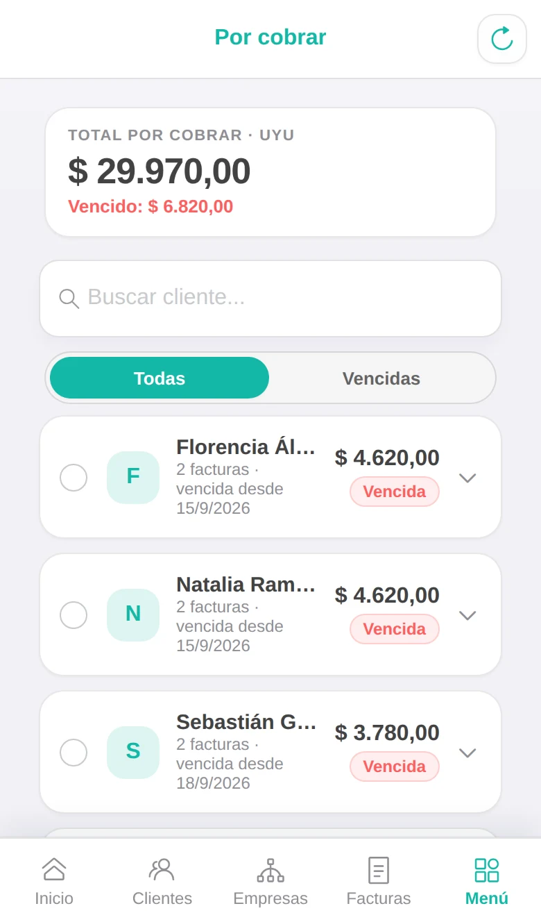Tela A receber com o total devido, o vencido e a dívida por aluno