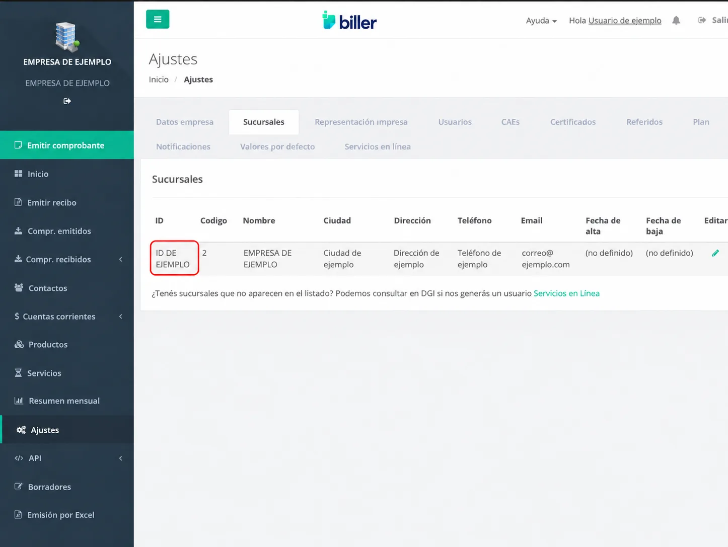 Ubicar el ID de la sucursal en Biller