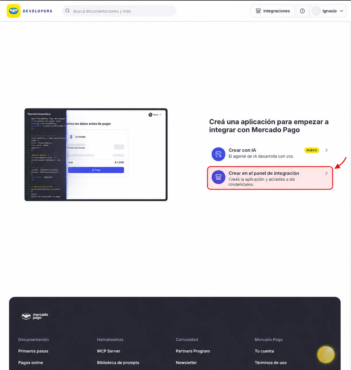 Crear en el panel de integración