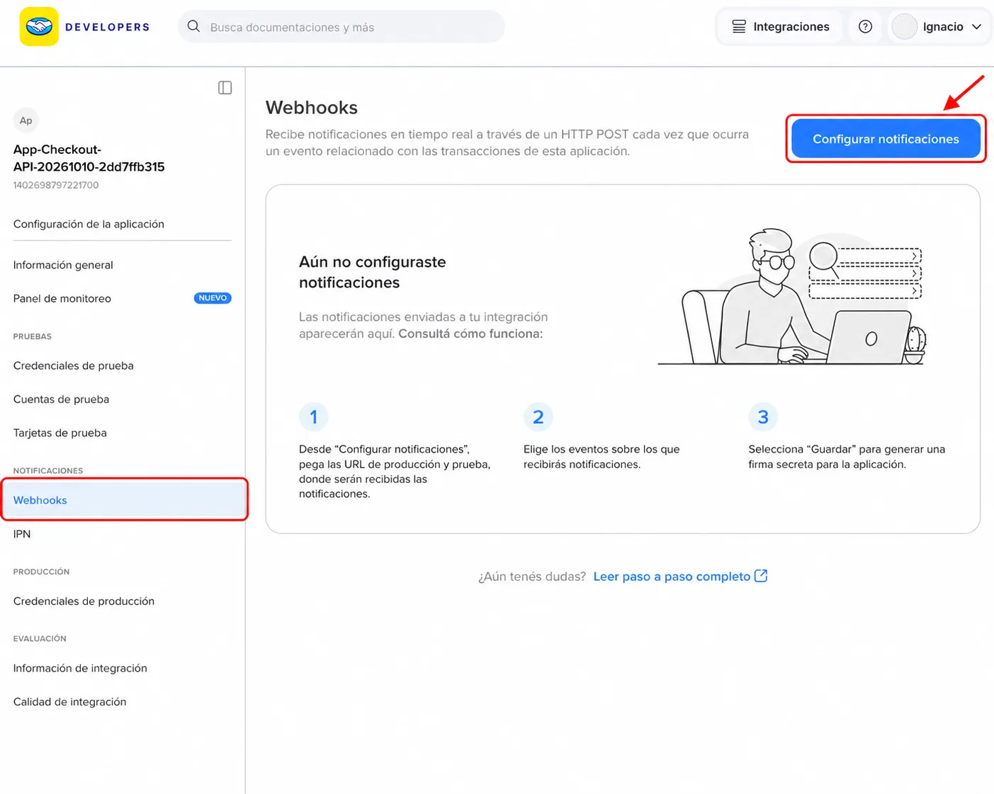 Abrir Webhooks y configurar notificaciones