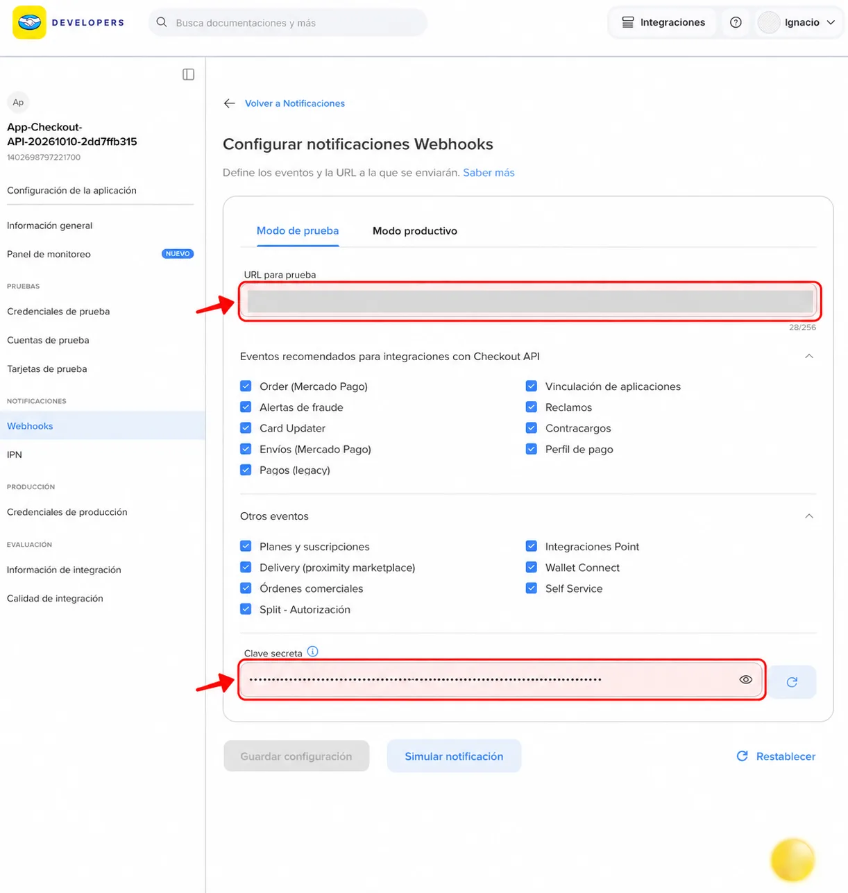 URL del webhook y clave secreta